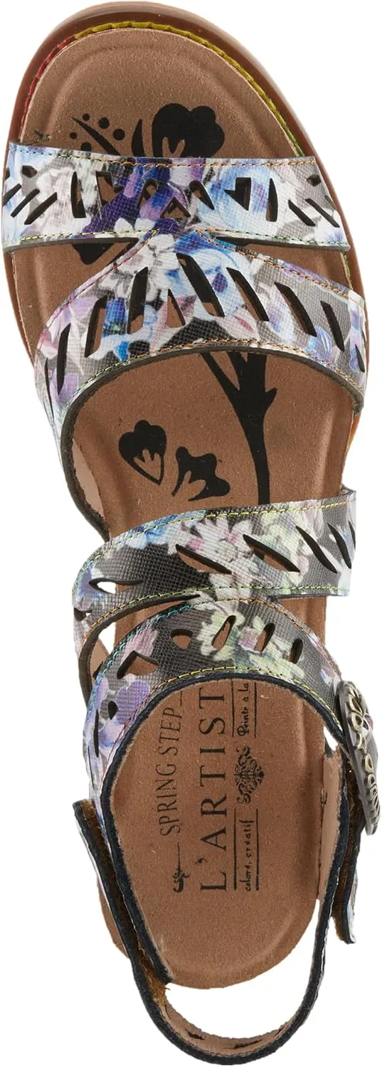 Spring Step L'Artiste Women's ABREEZE Laser-Cut Floral Sandals - Leather-Wrapped Stacked Heel, Comfortable Footbed