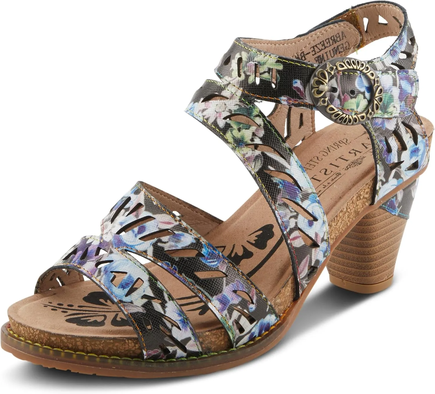 Spring Step L'Artiste Women's ABREEZE Laser-Cut Floral Sandals - Leather-Wrapped Stacked Heel, Comfortable Footbed