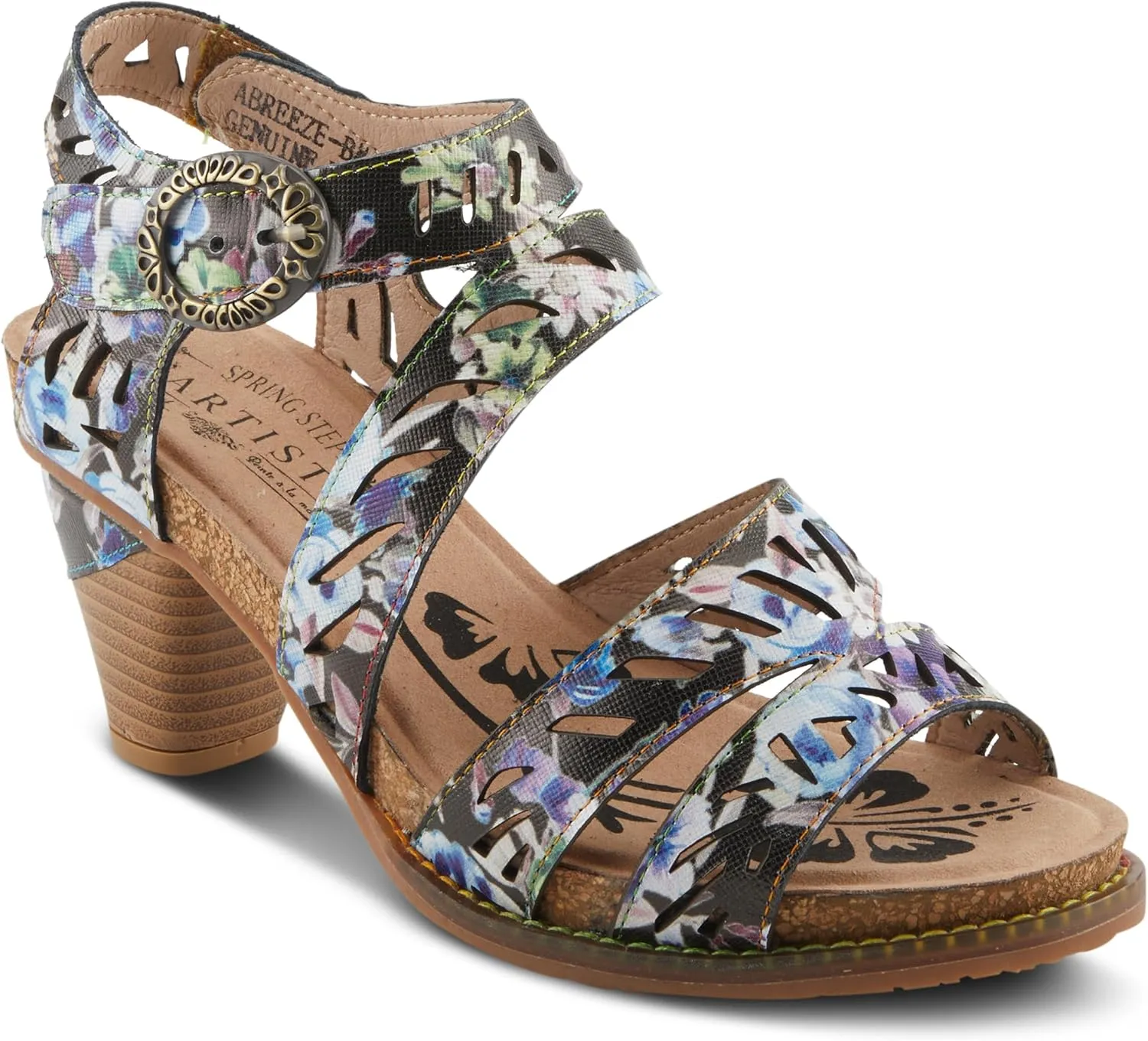 Spring Step L'Artiste Women's ABREEZE Laser-Cut Floral Sandals - Leather-Wrapped Stacked Heel, Comfortable Footbed