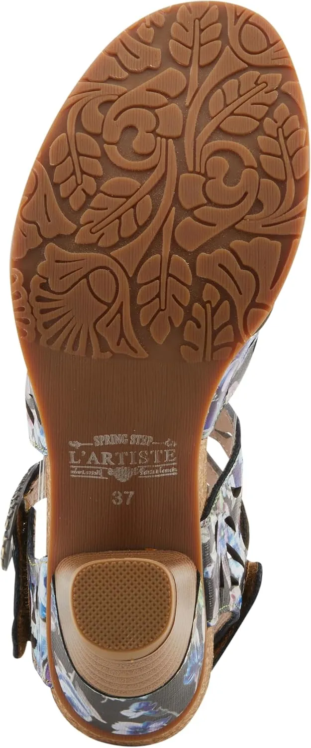 Spring Step L'Artiste Women's ABREEZE Laser-Cut Floral Sandals - Leather-Wrapped Stacked Heel, Comfortable Footbed