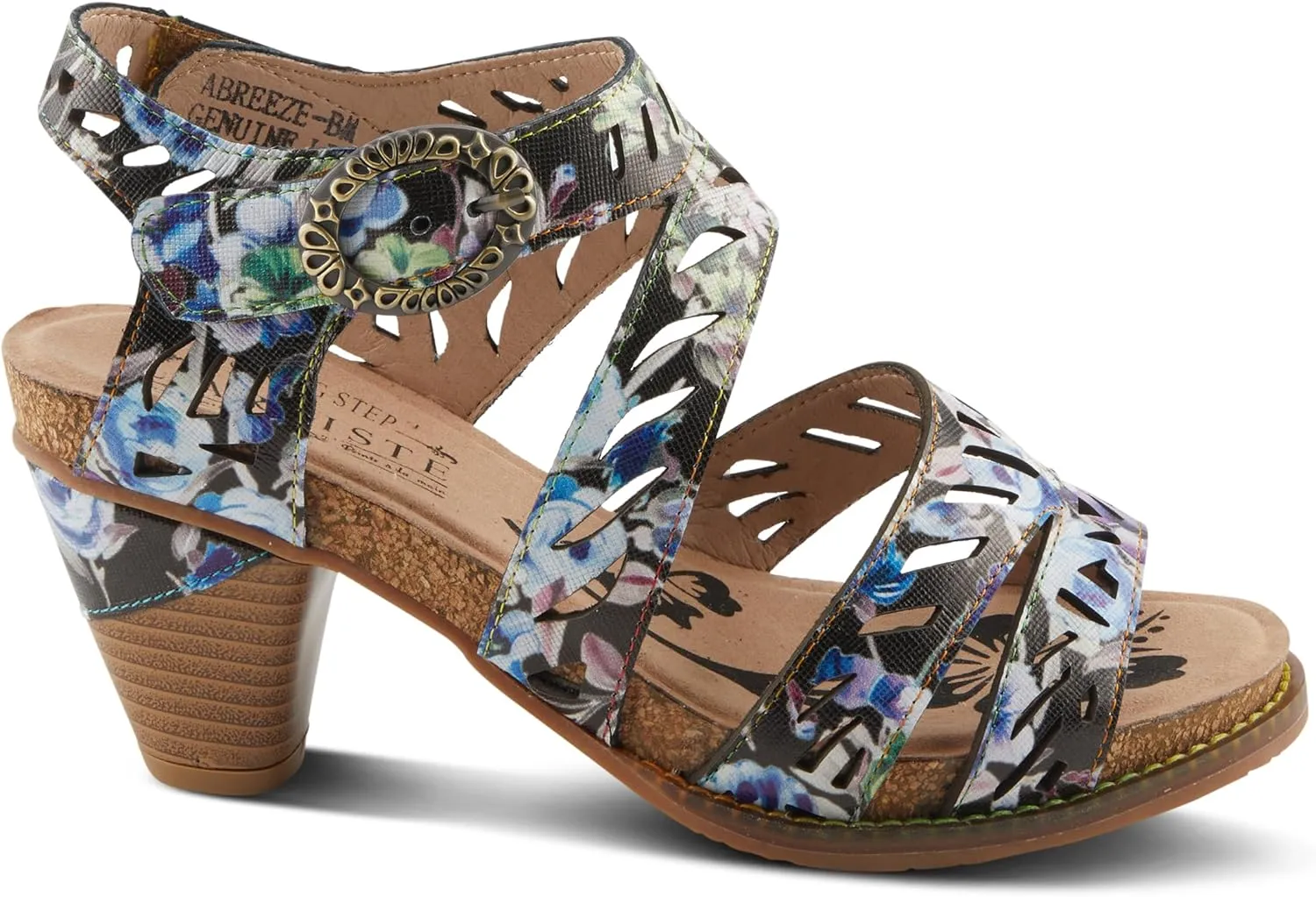 Spring Step L'Artiste Women's ABREEZE Laser-Cut Floral Sandals - Leather-Wrapped Stacked Heel, Comfortable Footbed
