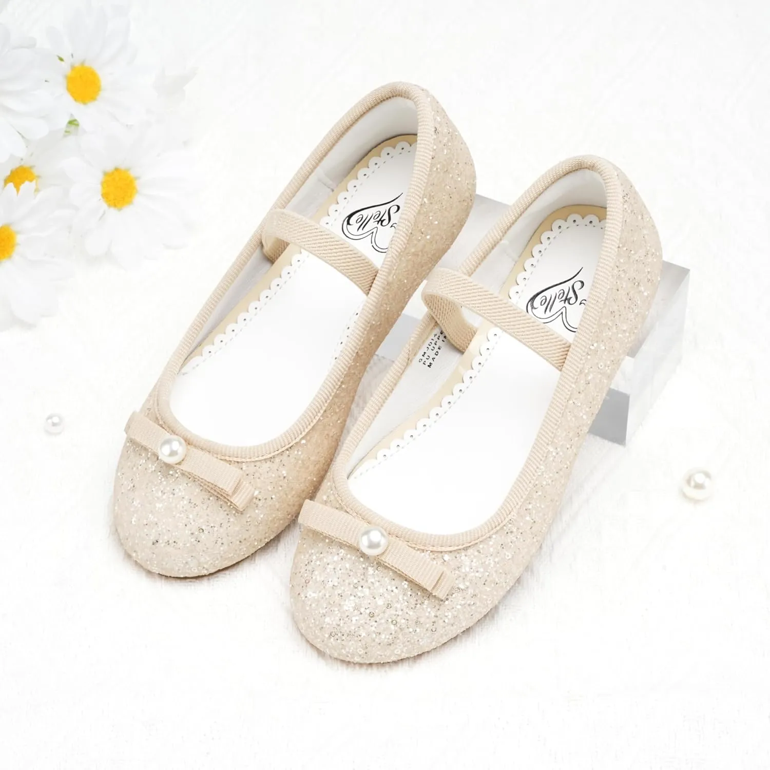 Stelle Girls Glitter Dress Shoes Flower Wedding Mary Jane Ballet Flats with Strap Toddler/Little/Big Kids