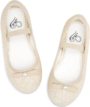 Stelle Girls Glitter Dress Shoes Flower Wedding Mary Jane Ballet Flats with Strap Toddler/Little/Big Kids