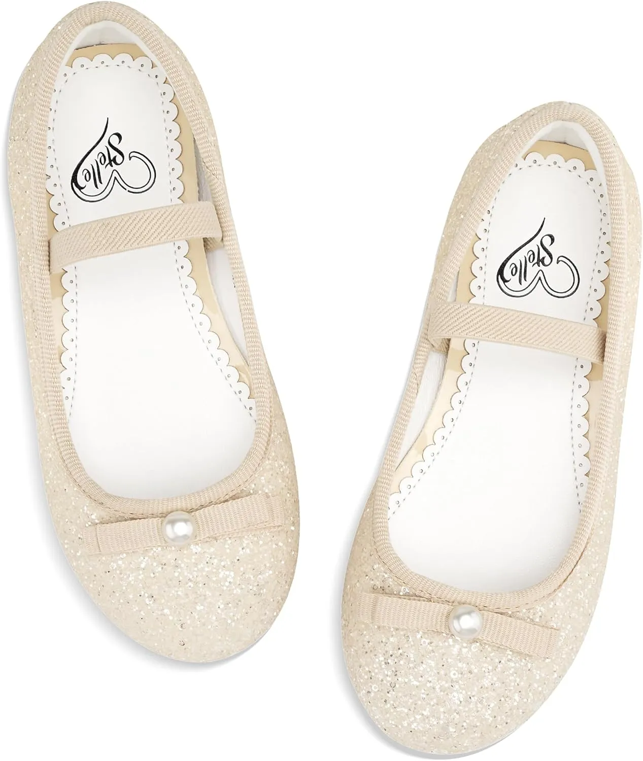 Stelle Girls Glitter Dress Shoes Flower Wedding Mary Jane Ballet Flats with Strap Toddler/Little/Big Kids