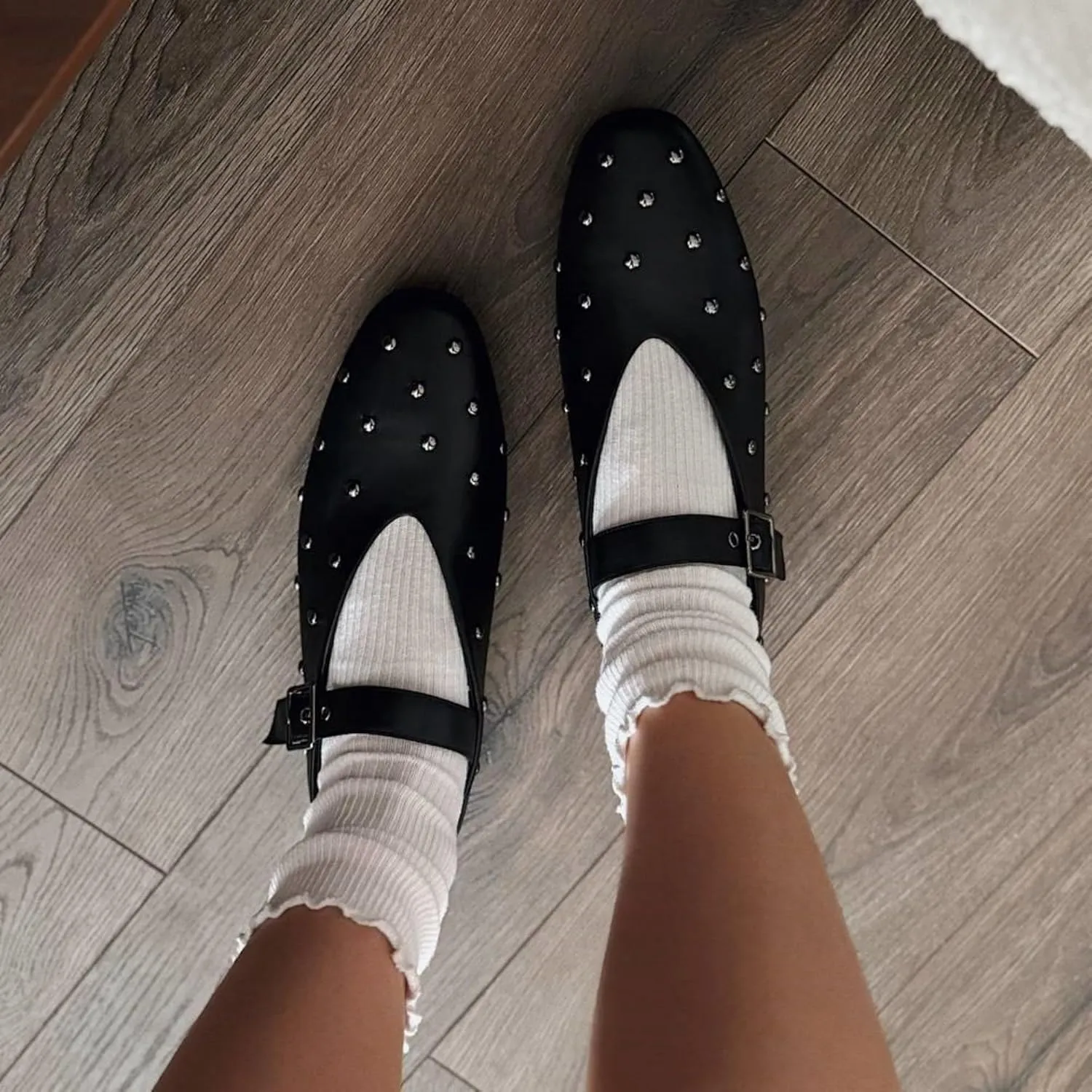 Stylish Mary Jane Studded Flats for Women Comfortable Ballet Buckled Ballerina Shoes for Work, Office, Party, or Daily Shoes