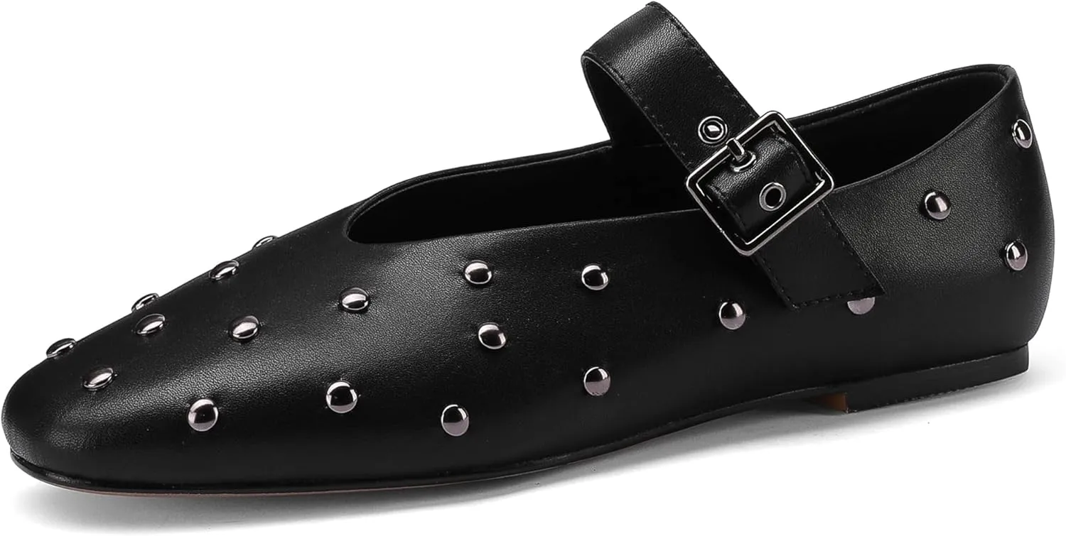 Stylish Mary Jane Studded Flats for Women Comfortable Ballet Buckled Ballerina Shoes for Work, Office, Party, or Daily Shoes