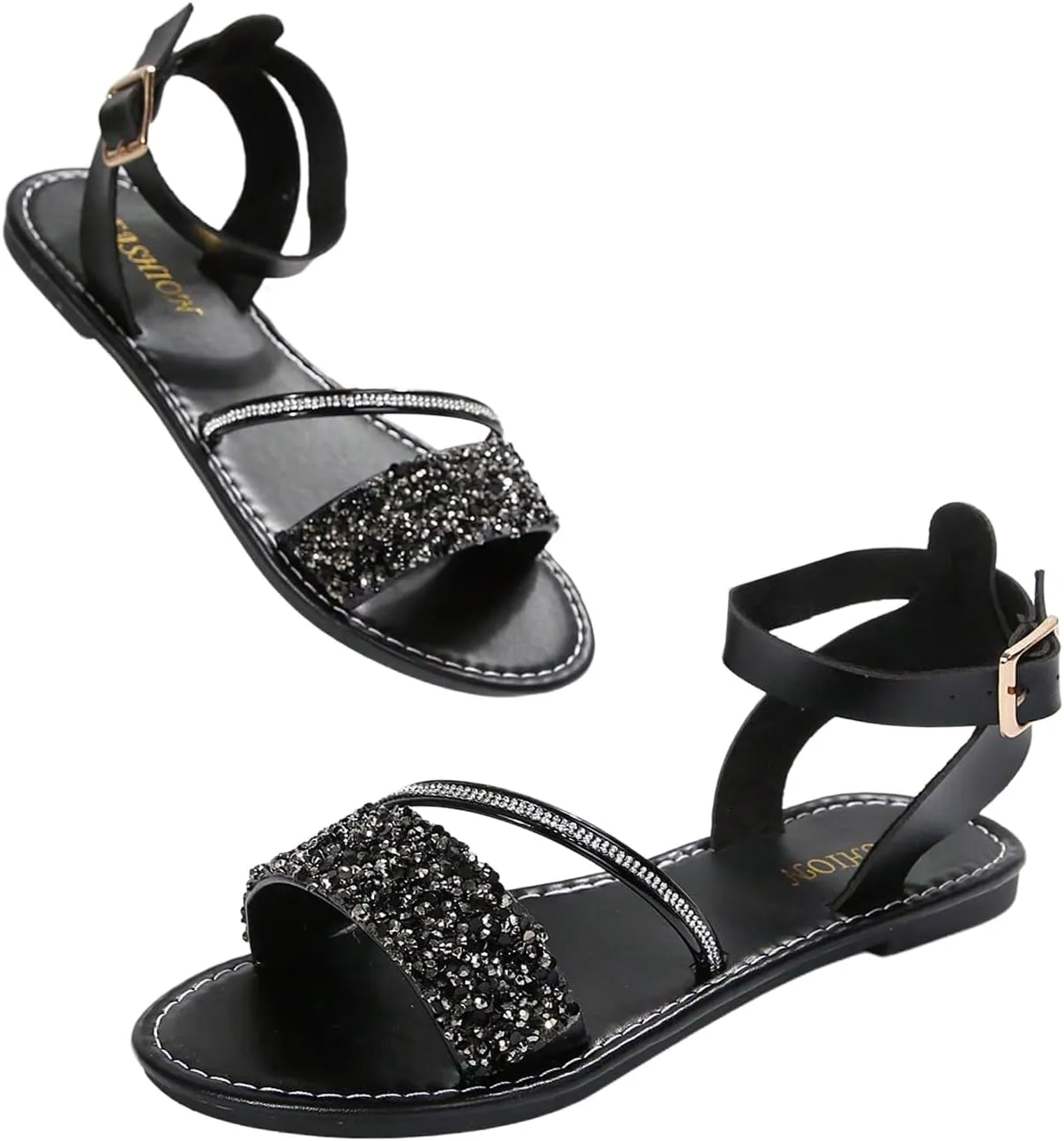 SweatyRocks Women's Sparkly Glitter Flats Sandals Open Toe Ankle Strap Dressy Leather Sandals