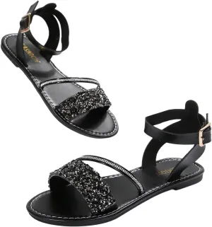 SweatyRocks Women's Sparkly Glitter Flats Sandals Open Toe Ankle Strap Dressy Leather Sandals
