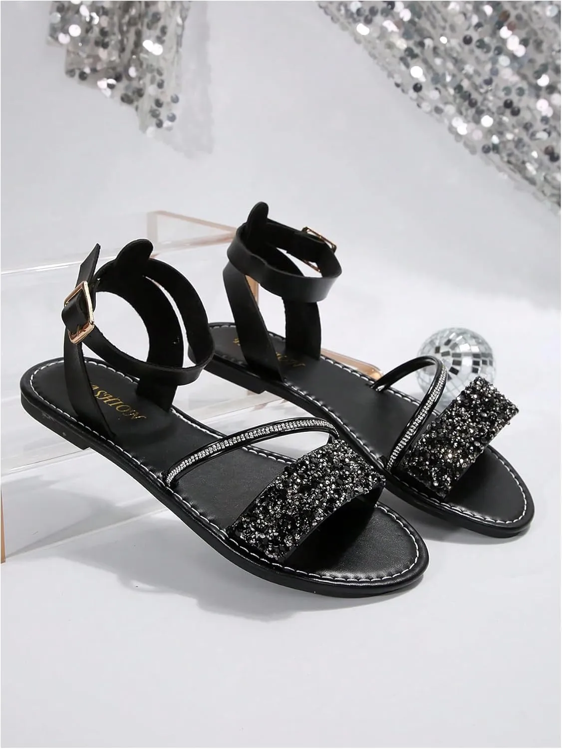 SweatyRocks Women's Sparkly Glitter Flats Sandals Open Toe Ankle Strap Dressy Leather Sandals