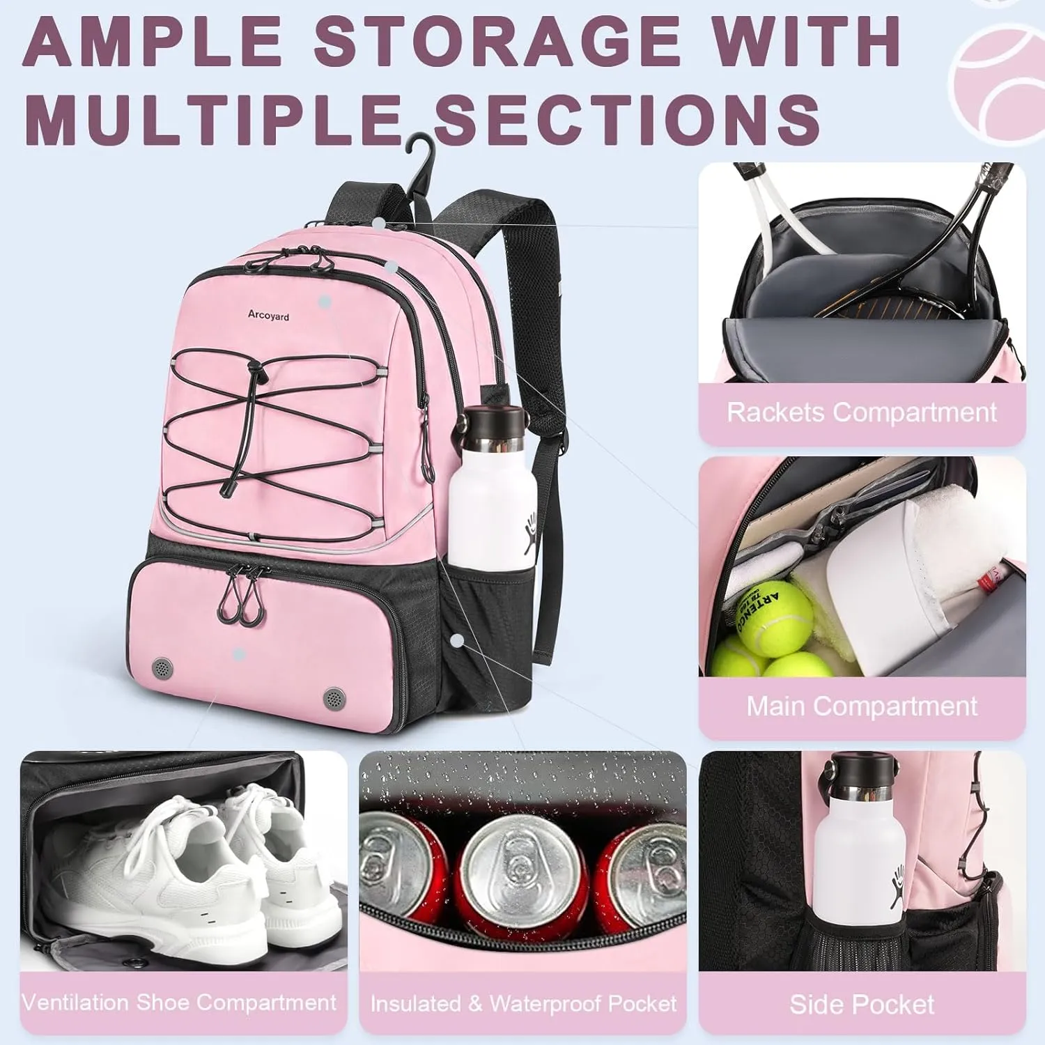 Tennis Bag Holds 2 Rackets, Professional Tennis Bags for Women, Tennis Backpack with Ventilated Shoe Compartment