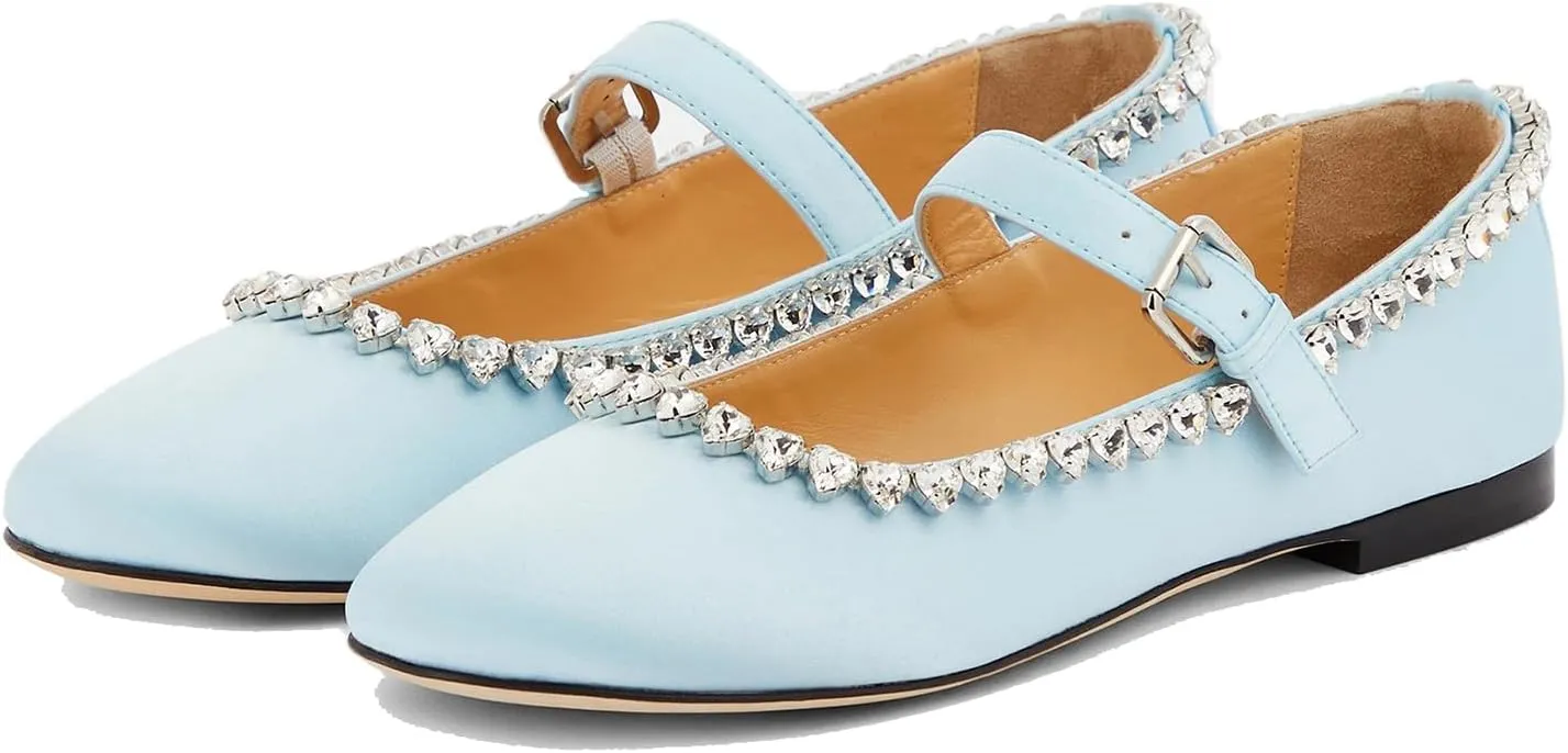 THESHY Women's Rhinestone Embellished Satin Ballet Flats Round Toe Ballerinas Flats Fashion Wedding Dressy Mary Jane for Women