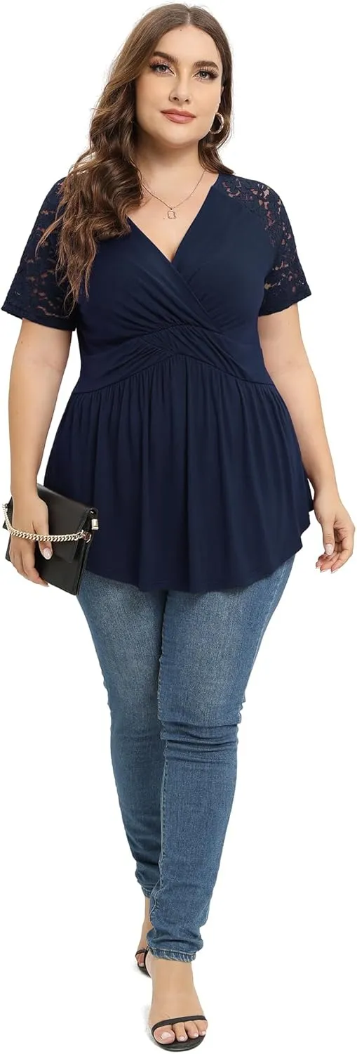 TIANZHU Women Plus Size Top Short Sleeve Wrap Lace Dressy Shirt Sexy Low Cut Babydoll Blouses
