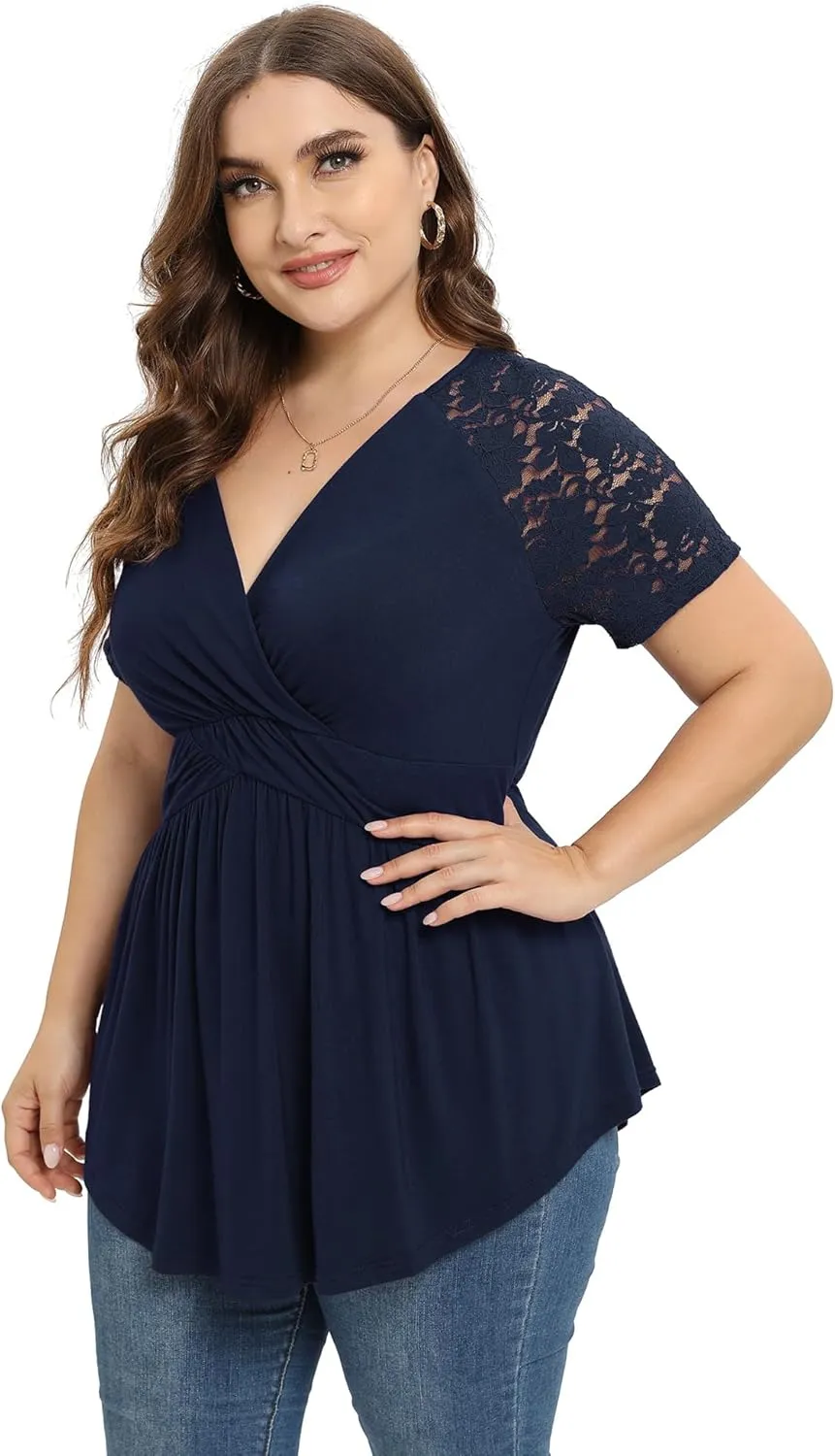 TIANZHU Women Plus Size Top Short Sleeve Wrap Lace Dressy Shirt Sexy Low Cut Babydoll Blouses