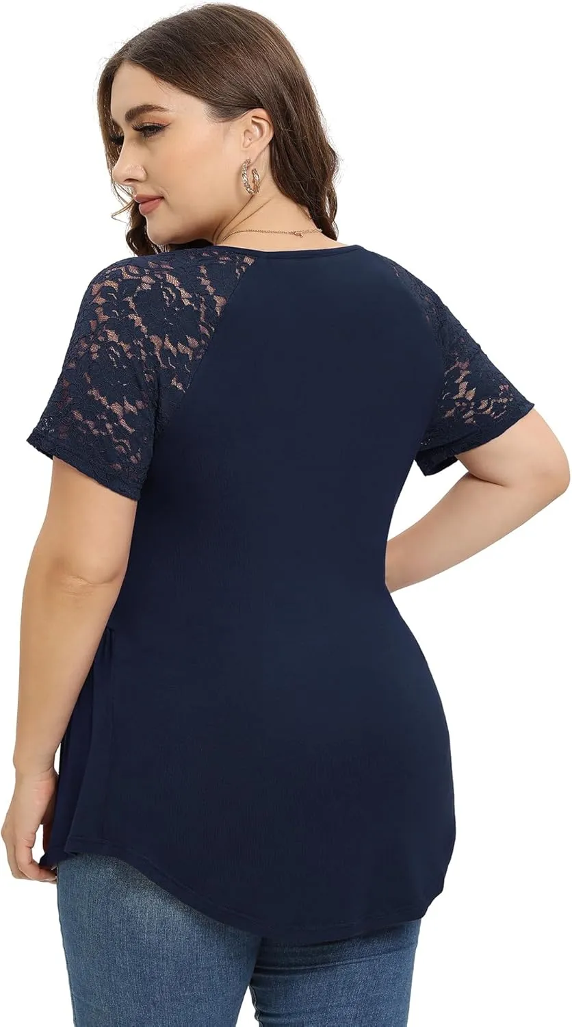 TIANZHU Women Plus Size Top Short Sleeve Wrap Lace Dressy Shirt Sexy Low Cut Babydoll Blouses