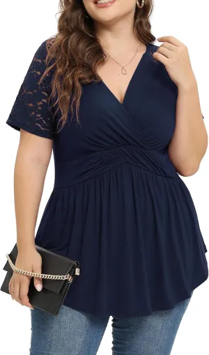 TIANZHU Women Plus Size Top Short Sleeve Wrap Lace Dressy Shirt Sexy Low Cut Babydoll Blouses