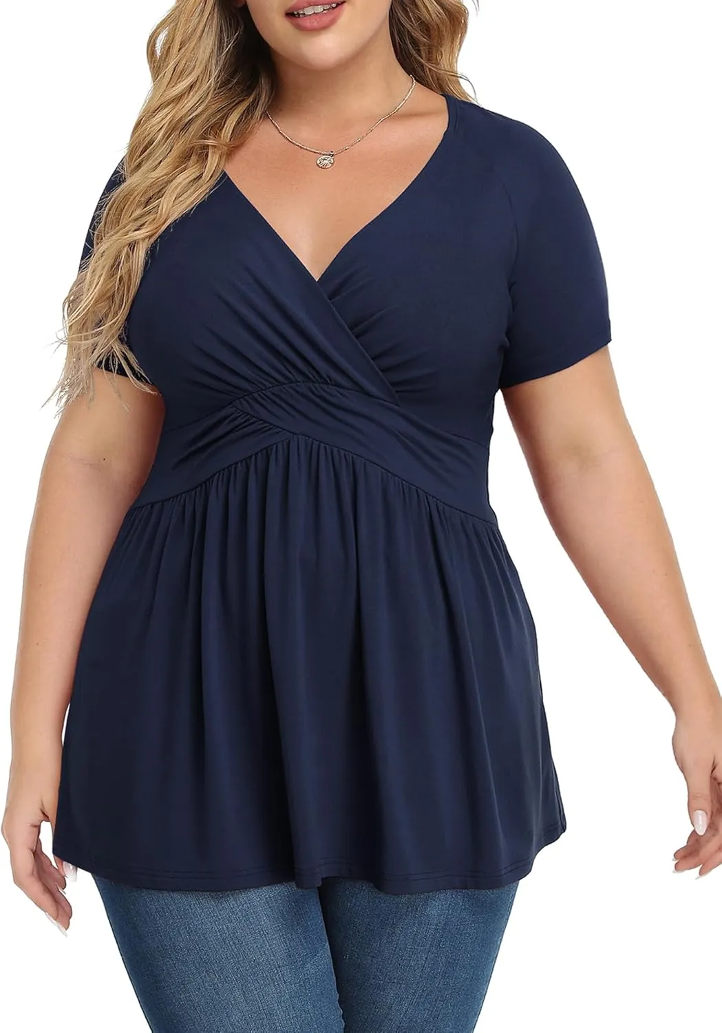 TIANZHU Women's Plus Size Dressy Tops Wrap Shirt Short Sleeve Tunic Top V Neck Low Cut Cute Blouse