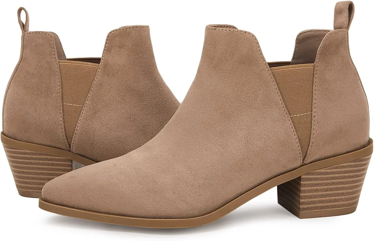 Trish Lucia Womens Ankle Boots Pointed Toe Stacked Chunky Heel Slip on Chelsea Short Booties