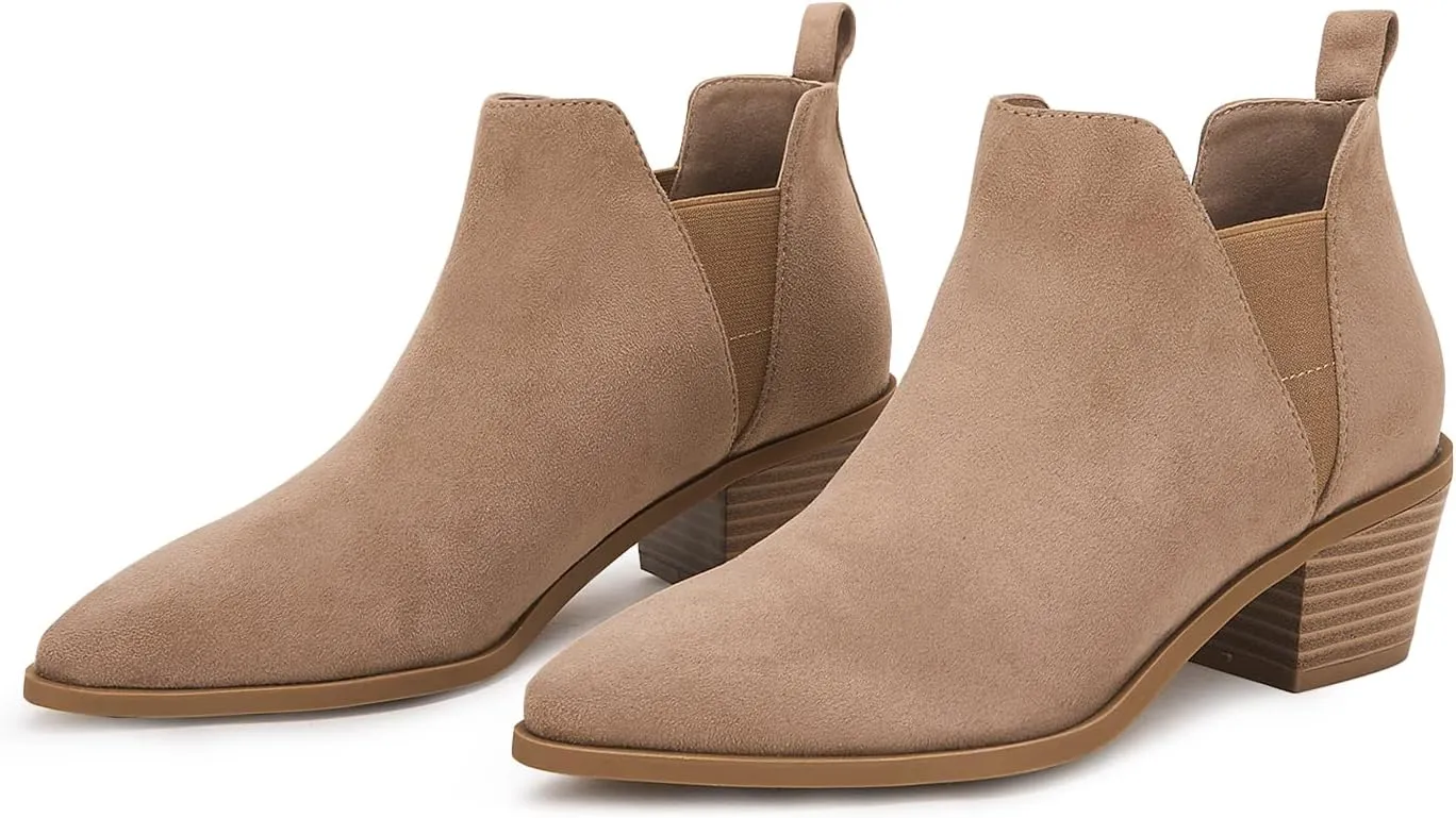 Trish Lucia Womens Ankle Boots Pointed Toe Stacked Chunky Heel Slip on Chelsea Short Booties