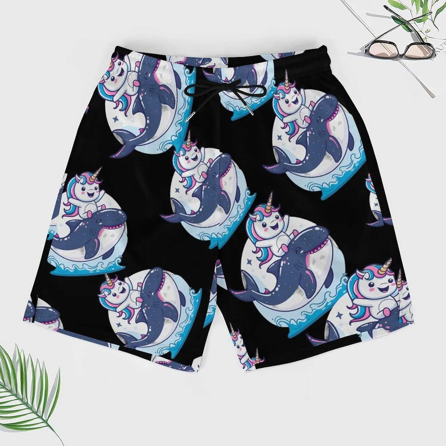 Unicorn Riding Whale Shark Men's Swim Trunks Quick Dry Board Shorts Swimwear Beach Shorts with Compression Liner