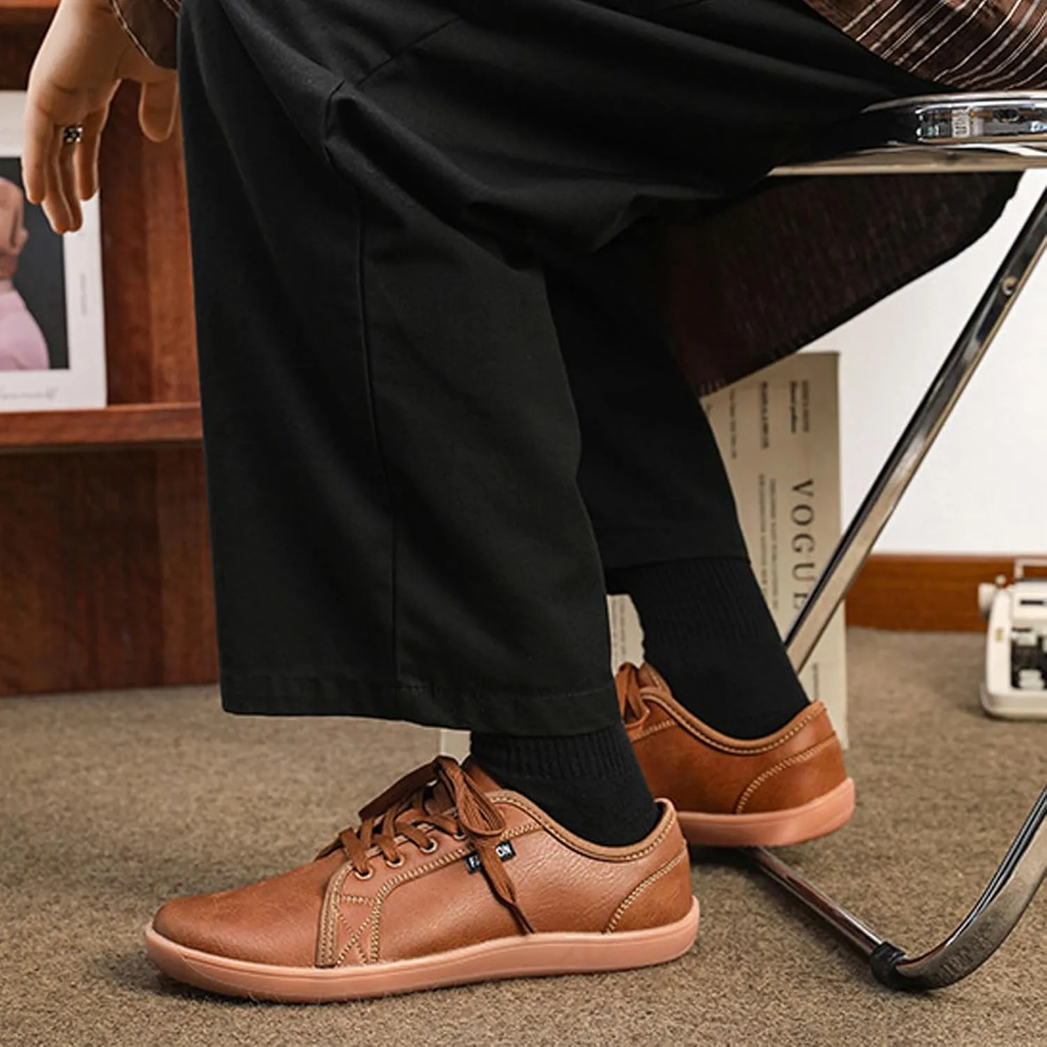 Unisex Leather Fashion Commute Wide Toe Box Barefoot Shoes Comfortable Breathable Non-Slip Lace up Minimalist Zero Drop Casual Sneakers for Walking Outdoor Driving Work