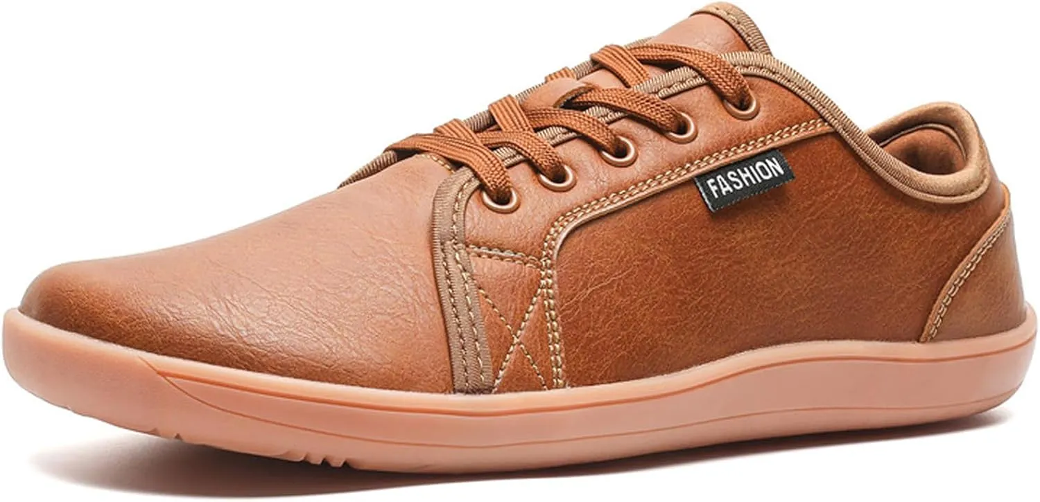 Unisex Leather Fashion Commute Wide Toe Box Barefoot Shoes Comfortable Breathable Non-Slip Lace up Minimalist Zero Drop Casual Sneakers for Walking Outdoor Driving Work