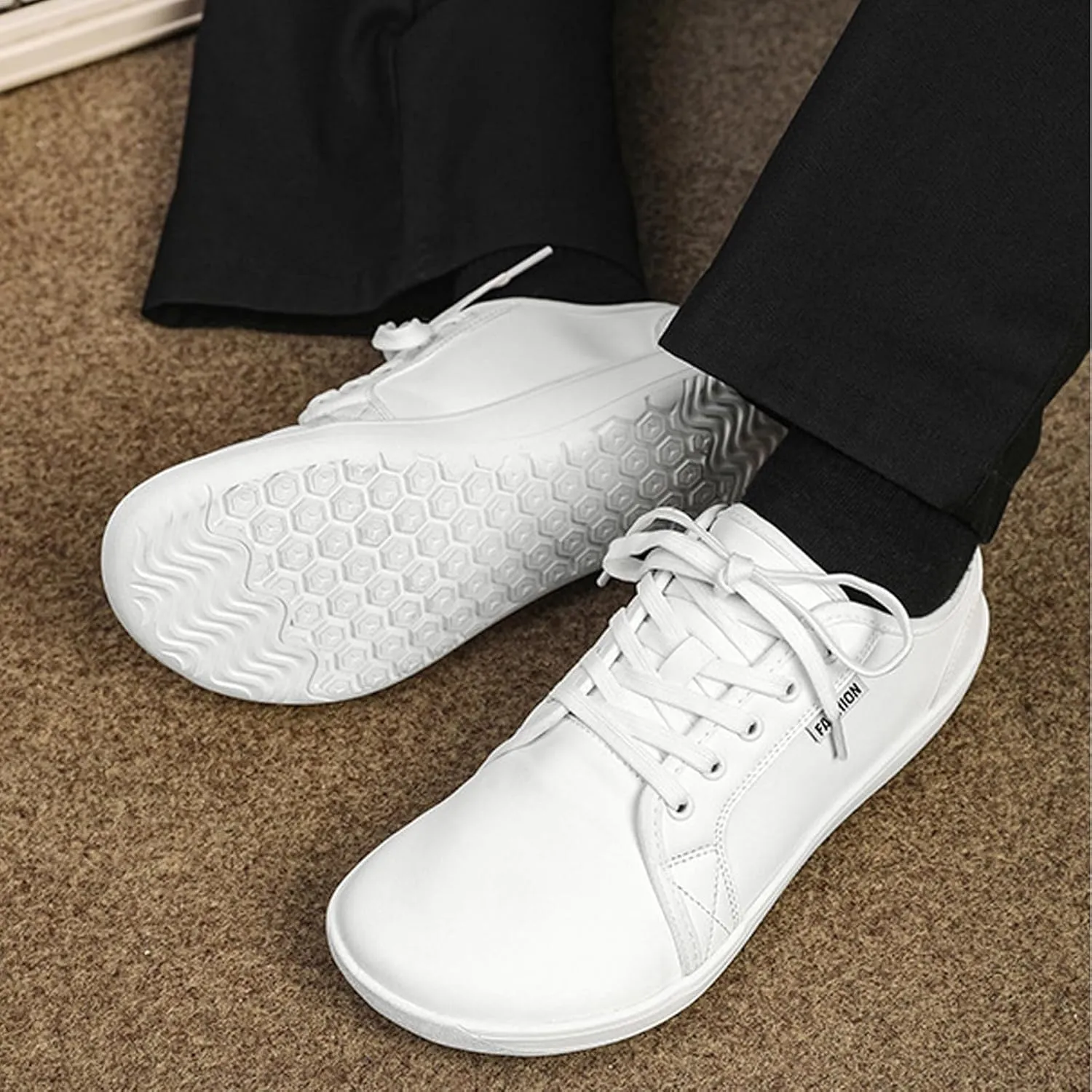Unisex Leather Fashion Commute Wide Toe Box Barefoot Shoes Comfortable Breathable Non-Slip Lace up Minimalist Zero Drop Casual Sneakers for Walking Outdoor Driving Work