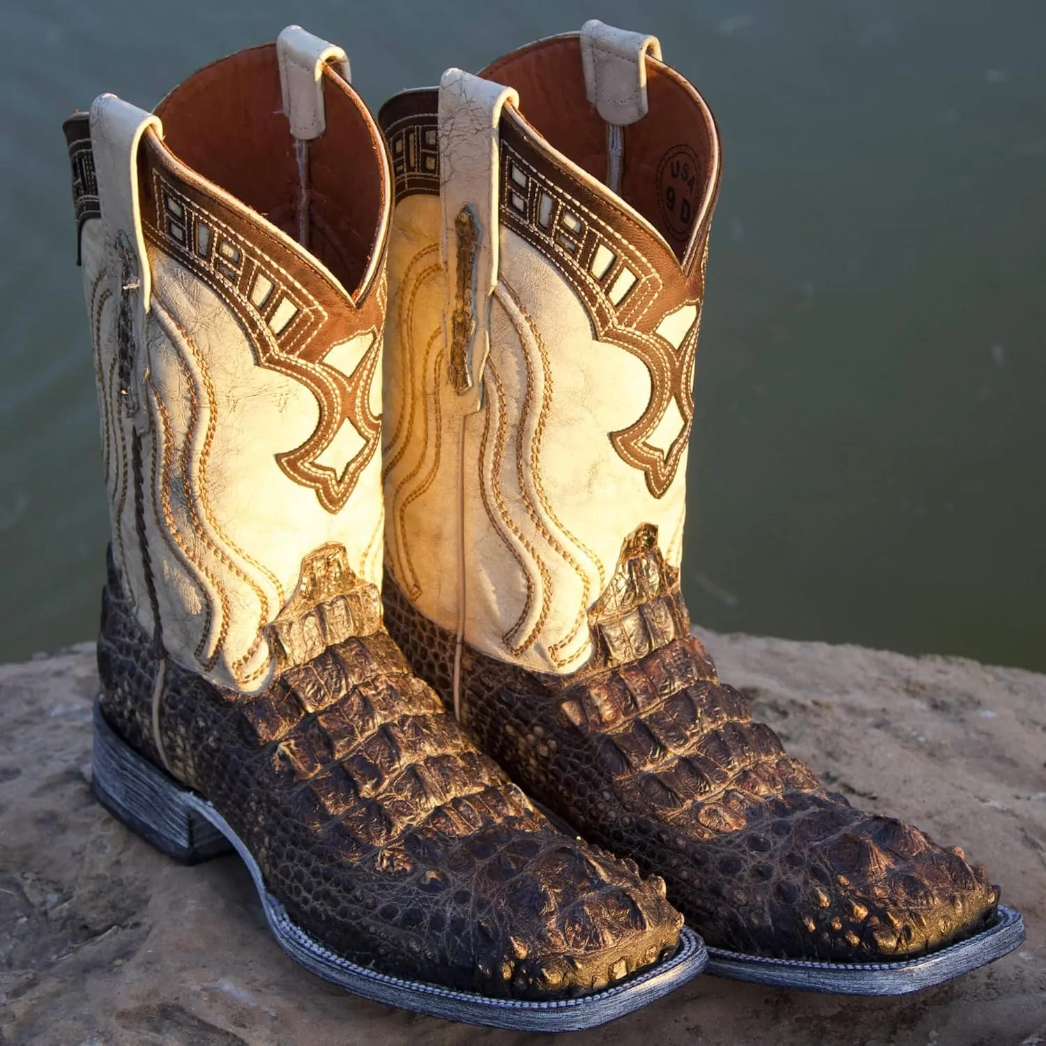 Vaccari Men's Alexander Genuine Natural Alligator Head Cut Broad Square Toe Western Cowboy Boots