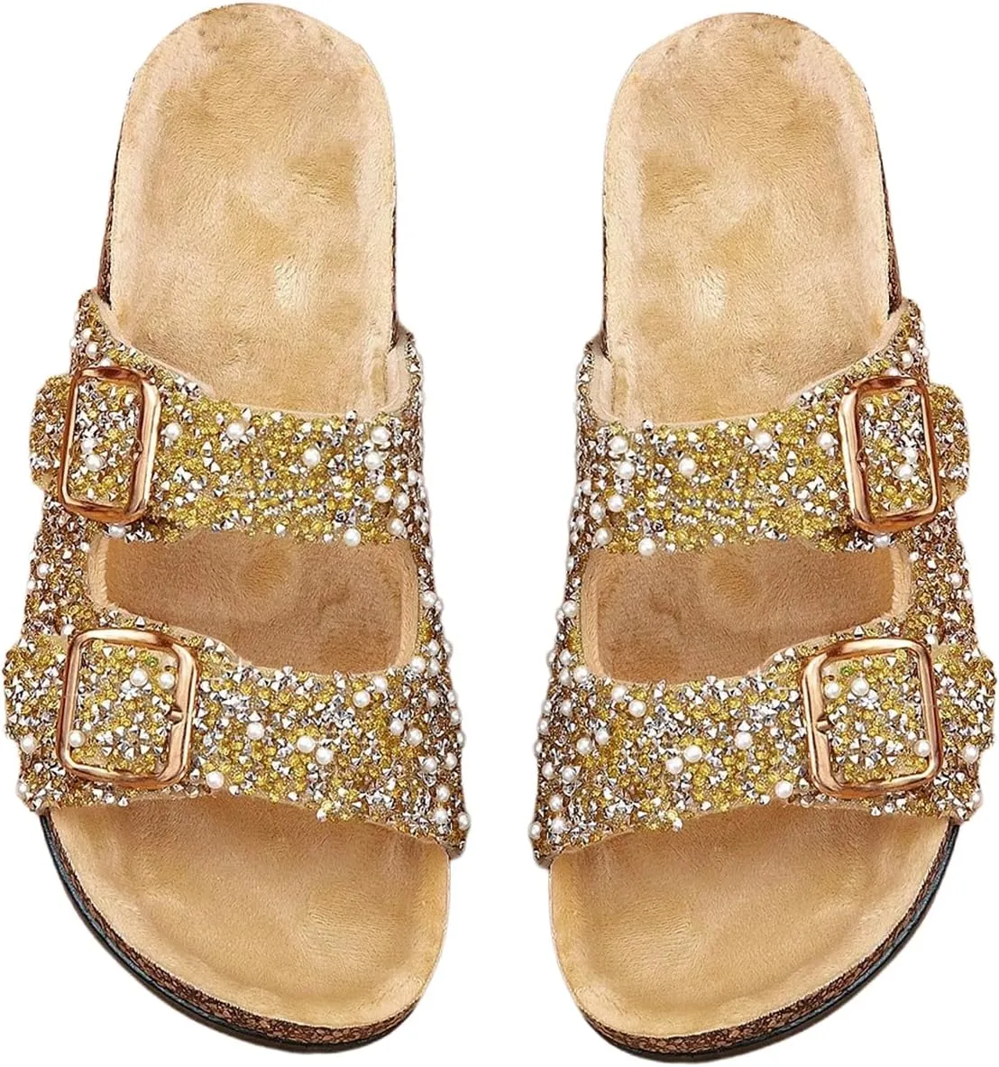 Verdusa Women's Pearls Rhinestone Sandals Buckle Two Band Open Toe Slip on Slippers