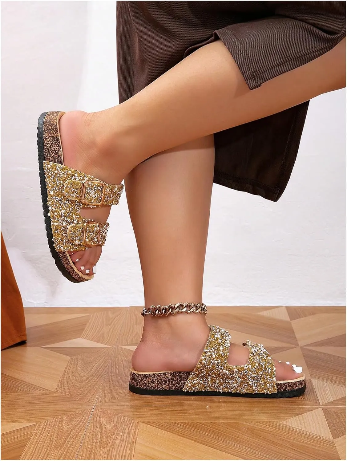 Verdusa Women's Pearls Rhinestone Sandals Buckle Two Band Open Toe Slip on Slippers