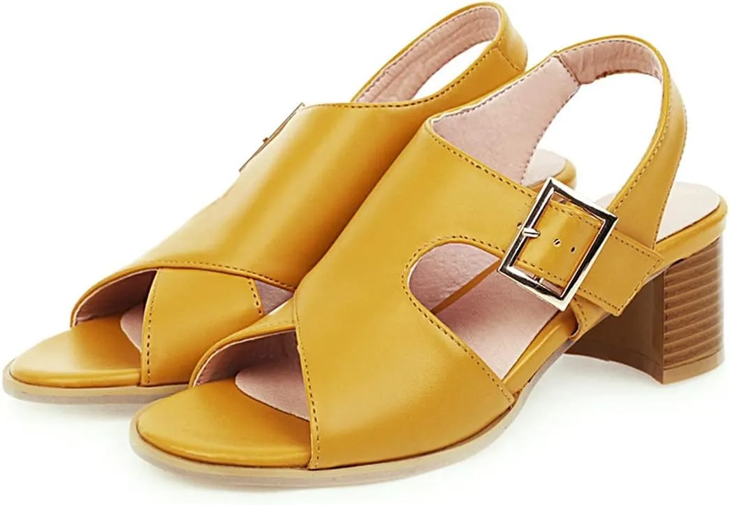 VOKLIN MISTU Women's Fashion Buckle Stacked Block Mid Heels Sandals Open Toe Slingback Pumps Dressy Heeled Sandal