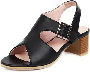VOKLIN MISTU Women's Fashion Buckle Stacked Block Mid Heels Sandals Open Toe Slingback Pumps Dressy Heeled Sandal