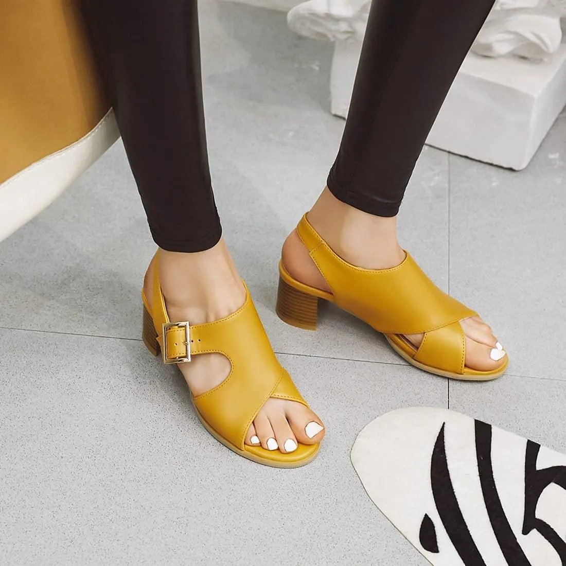 VOKLIN MISTU Women's Fashion Buckle Stacked Block Mid Heels Sandals Open Toe Slingback Pumps Dressy Heeled Sandal