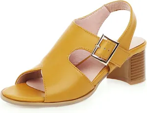 VOKLIN MISTU Women's Fashion Buckle Stacked Block Mid Heels Sandals Open Toe Slingback Pumps Dressy Heeled Sandal
