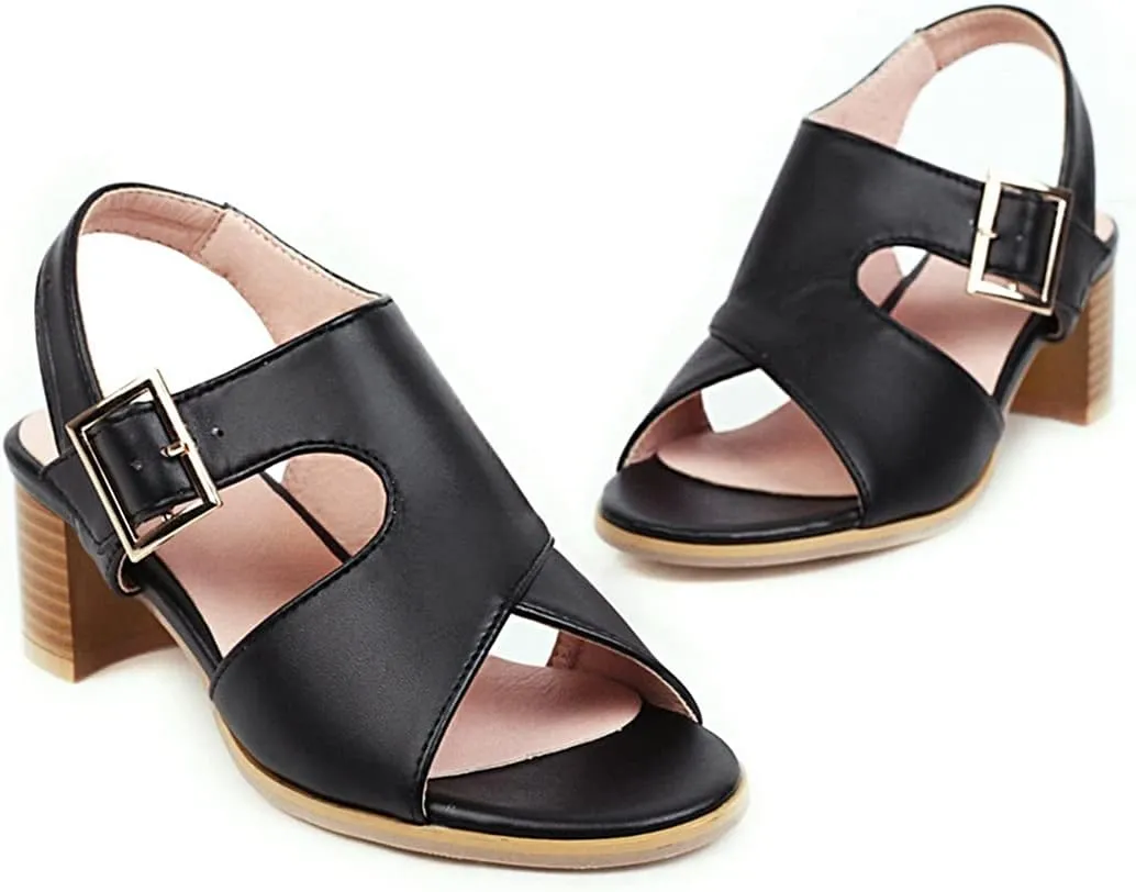 VOKLIN MISTU Women's Fashion Buckle Stacked Block Mid Heels Sandals Open Toe Slingback Pumps Dressy Heeled Sandal