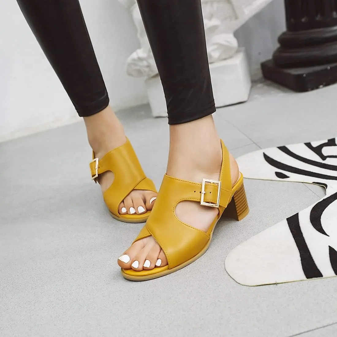 VOKLIN MISTU Women's Fashion Buckle Stacked Block Mid Heels Sandals Open Toe Slingback Pumps Dressy Heeled Sandal
