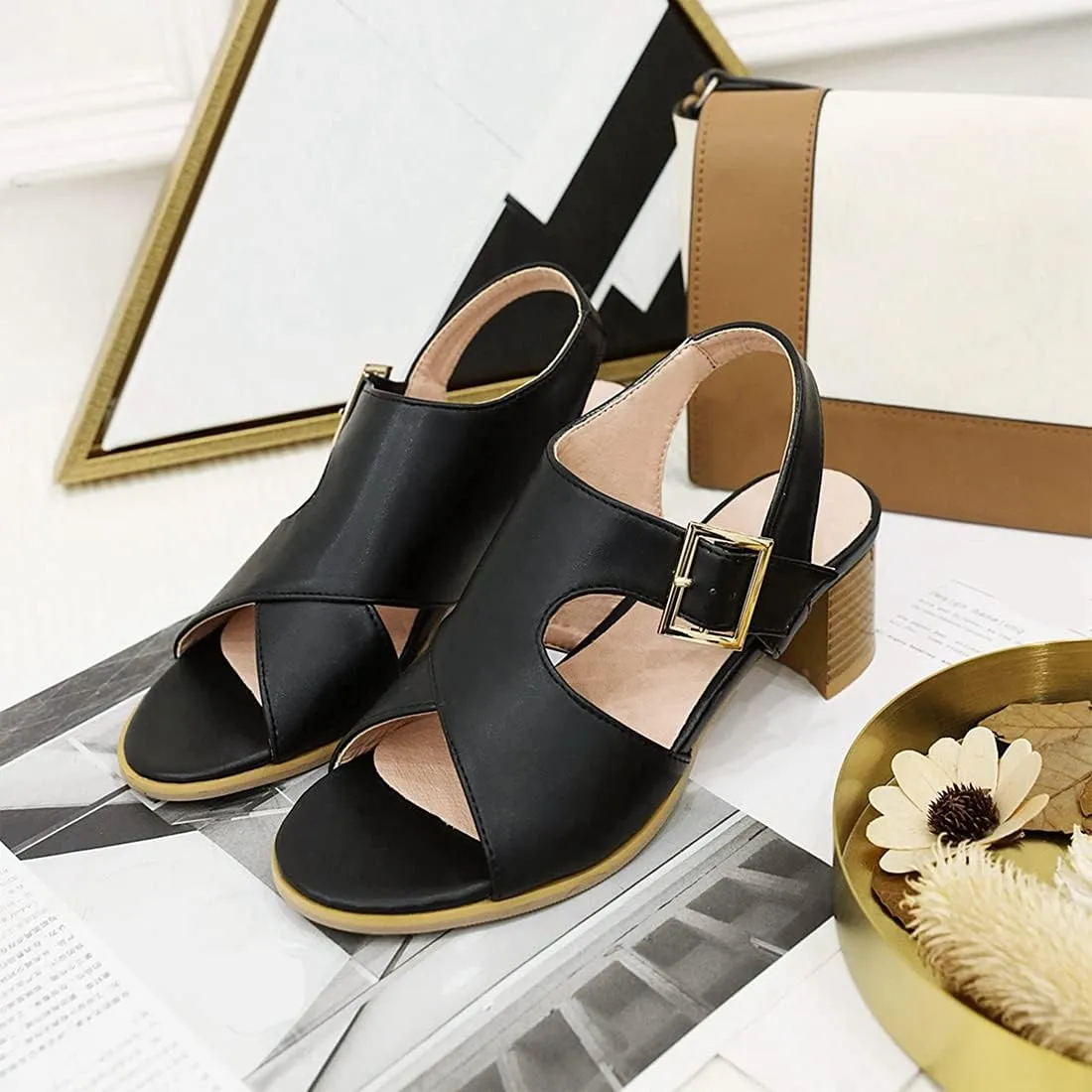 VOKLIN MISTU Women's Fashion Buckle Stacked Block Mid Heels Sandals Open Toe Slingback Pumps Dressy Heeled Sandal