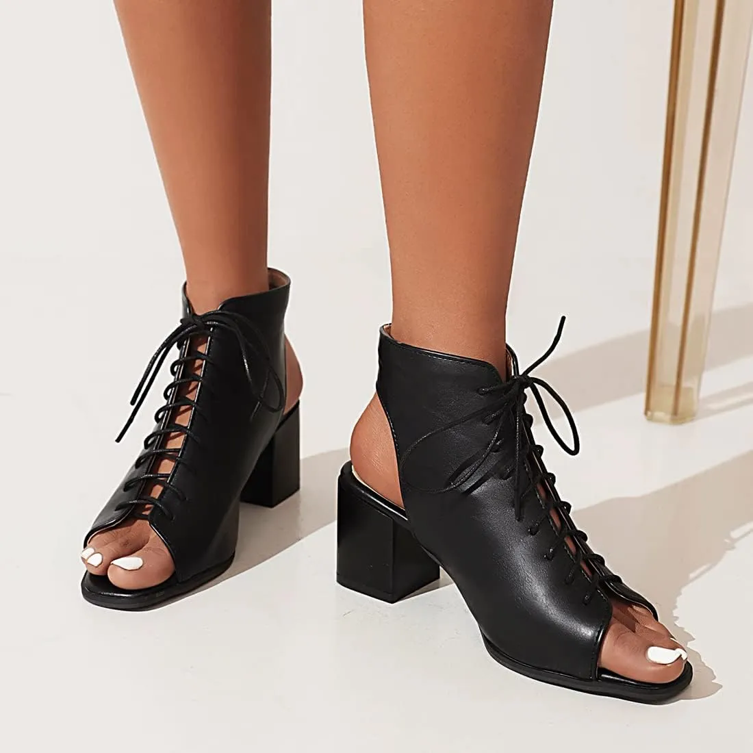 VOKLIN Women's Fashion Peep Toe Chunky Block Mid Heel Sandals Shoes Lace Up Cutout Dress Pump Sandal Booties