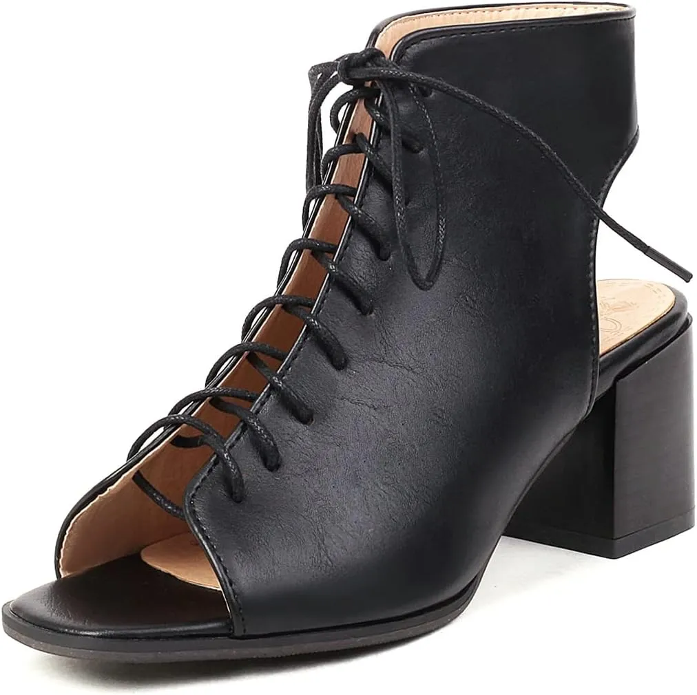 VOKLIN Women's Fashion Peep Toe Chunky Block Mid Heel Sandals Shoes Lace Up Cutout Dress Pump Sandal Booties