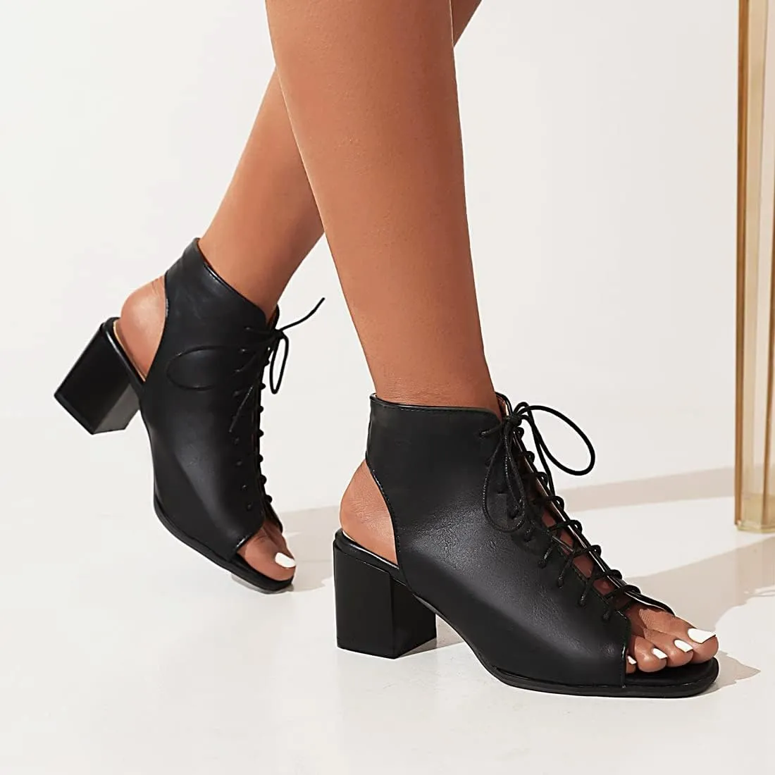 VOKLIN Women's Fashion Peep Toe Chunky Block Mid Heel Sandals Shoes Lace Up Cutout Dress Pump Sandal Booties