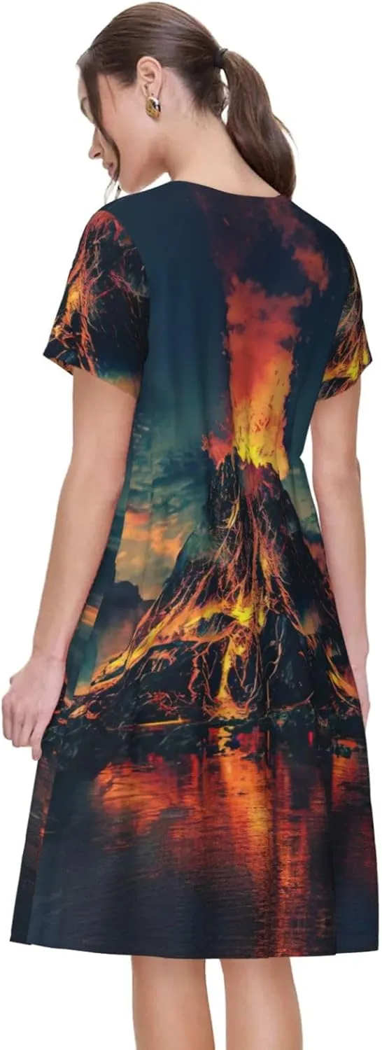 Volcano Print Summer Dresses for Women Casual Short Sleeve Sundress Scoop Neck Beach Dress with Pockets