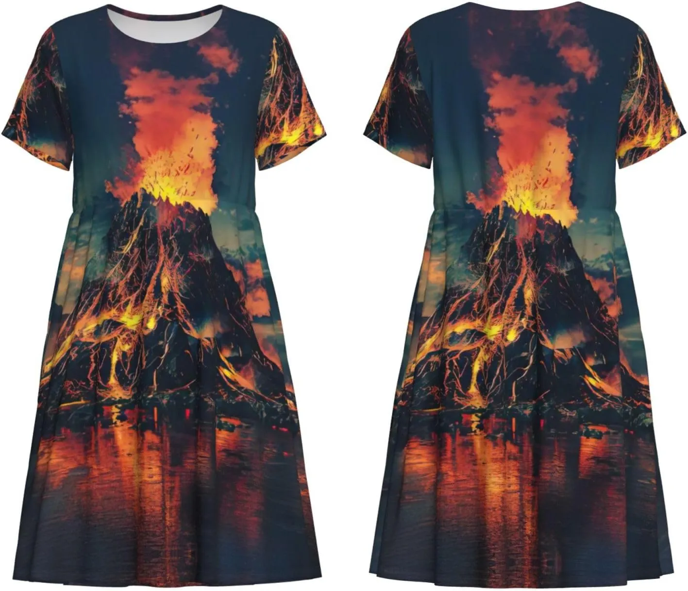 Volcano Print Summer Dresses for Women Casual Short Sleeve Sundress Scoop Neck Beach Dress with Pockets