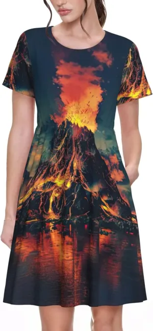 Volcano Print Summer Dresses for Women Casual Short Sleeve Sundress Scoop Neck Beach Dress with Pockets