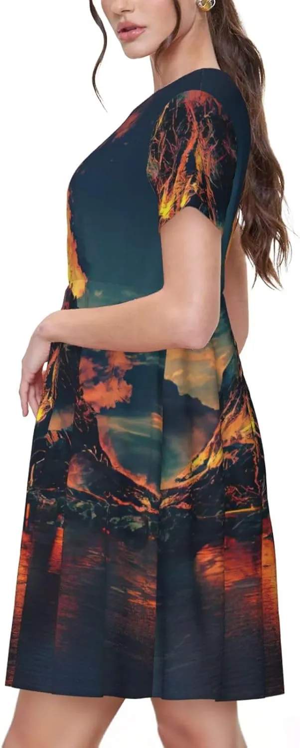 Volcano Print Summer Dresses for Women Casual Short Sleeve Sundress Scoop Neck Beach Dress with Pockets