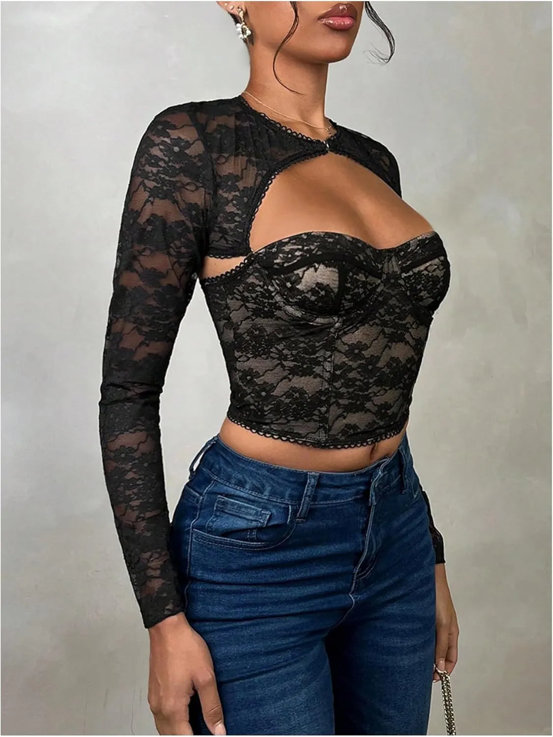 WDIRARA Women's Lace Cut Out Bustier Corset Top Long Sleeve Crop T Shirt