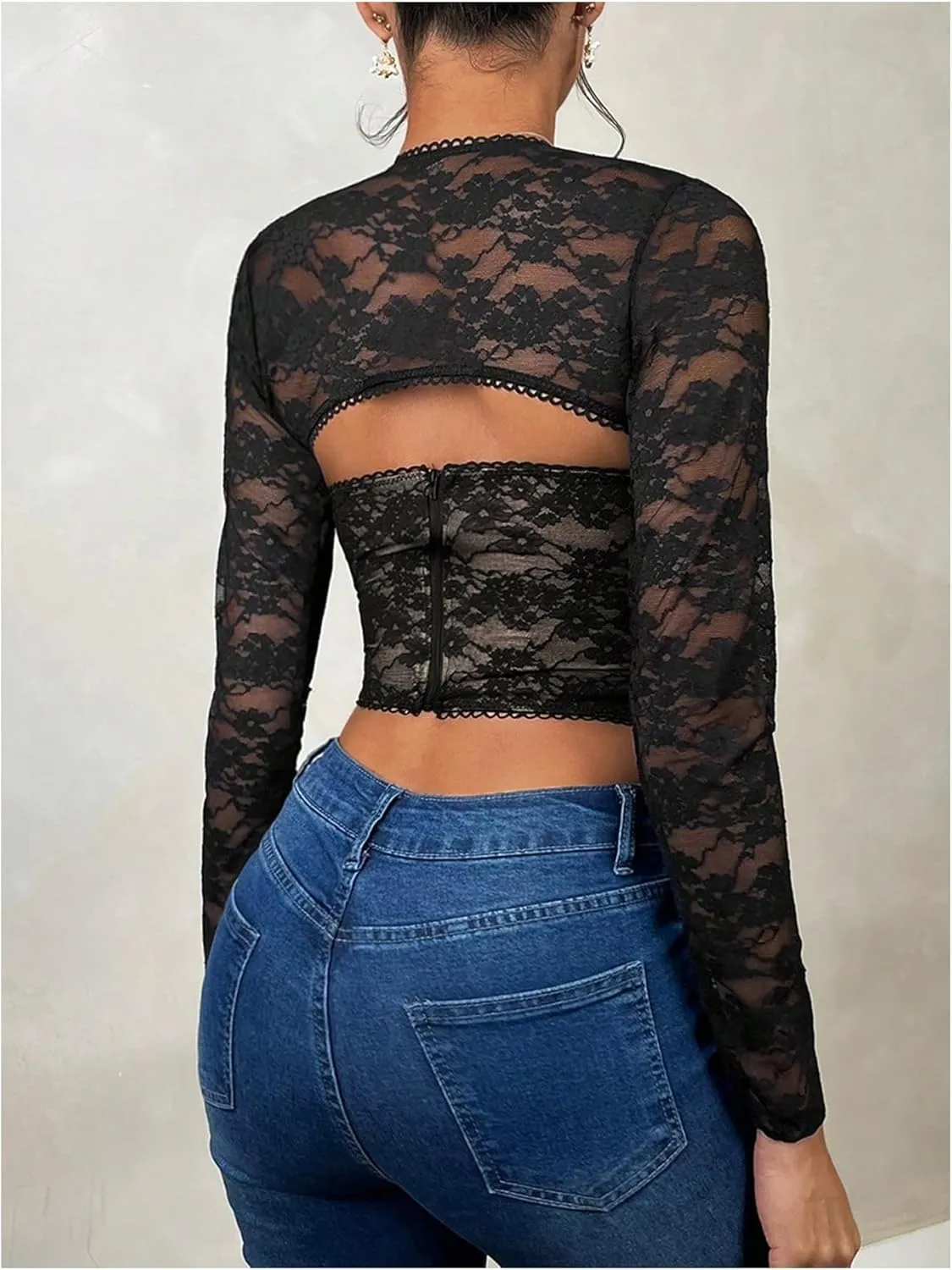 WDIRARA Women's Lace Cut Out Bustier Corset Top Long Sleeve Crop T Shirt