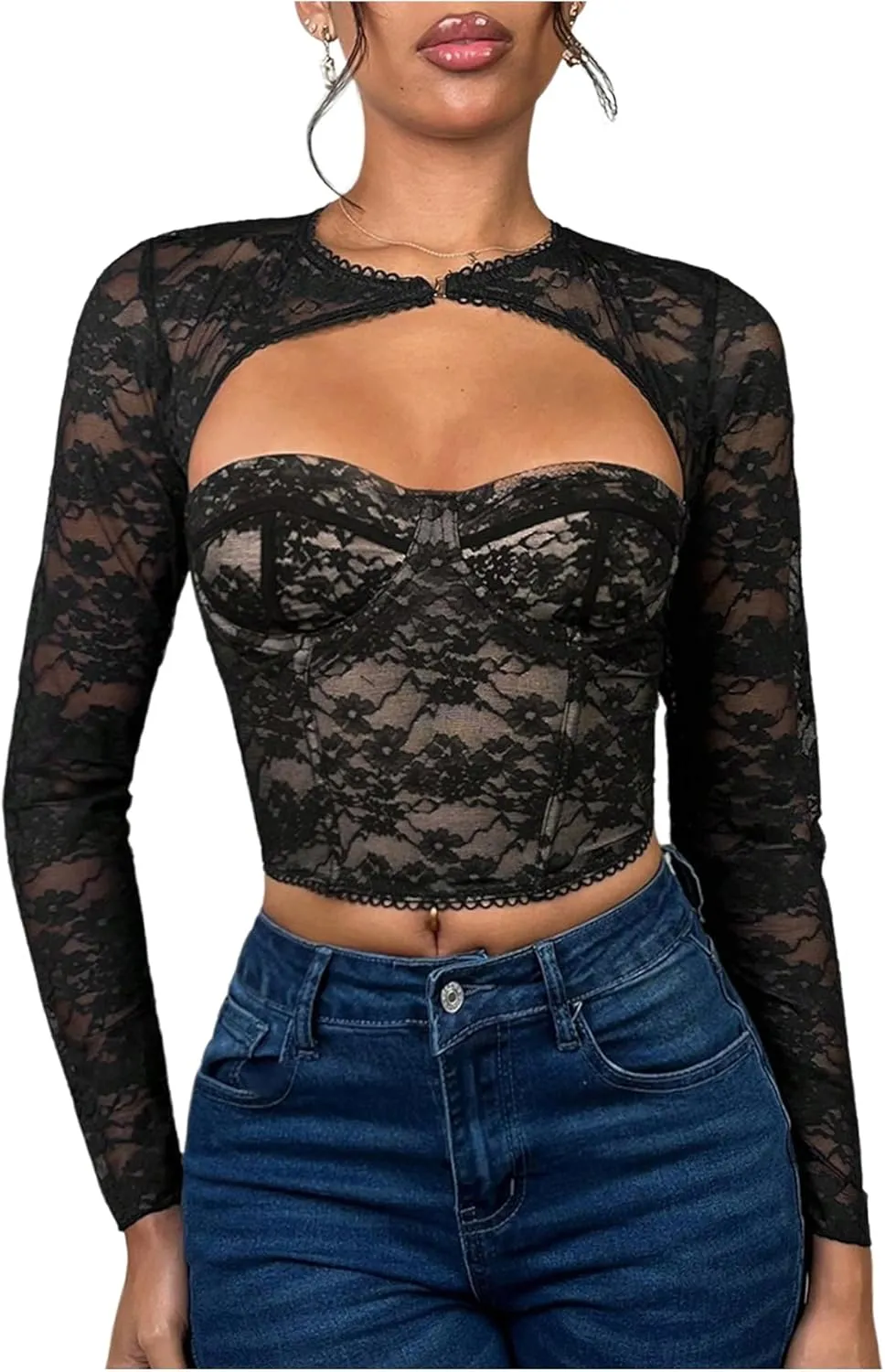WDIRARA Women's Lace Cut Out Bustier Corset Top Long Sleeve Crop T Shirt
