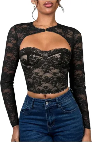 WDIRARA Women's Lace Cut Out Bustier Corset Top Long Sleeve Crop T Shirt