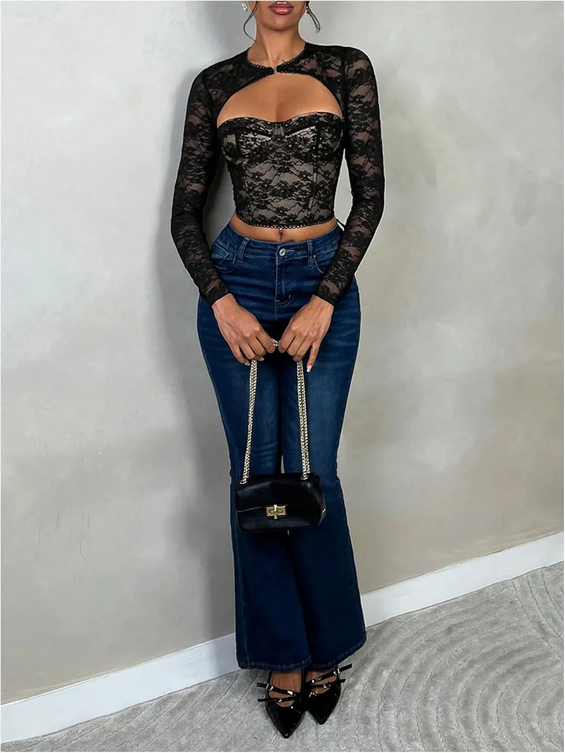 WDIRARA Women's Lace Cut Out Bustier Corset Top Long Sleeve Crop T Shirt