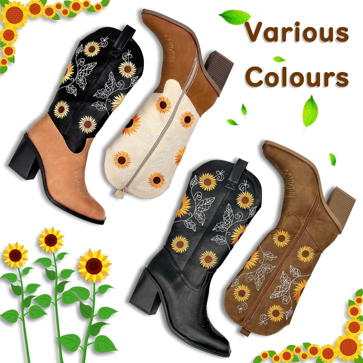 Western Cowboy Boots for Women Mid Calf Cowgirl Boots with Classic Sunflower Embroidered Slip On Square Toe Chunky High Heels Fashion Retro Pull-On Boot for Girls Ladies Fall & Winter