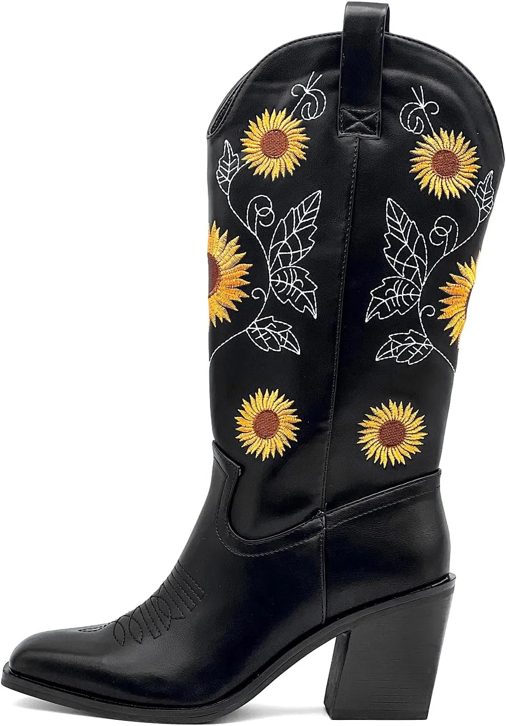 Western Cowboy Boots for Women Mid Calf Cowgirl Boots with Classic Sunflower Embroidered Slip On Square Toe Chunky High Heels Fashion Retro Pull-On Boot for Girls Ladies Fall & Winter